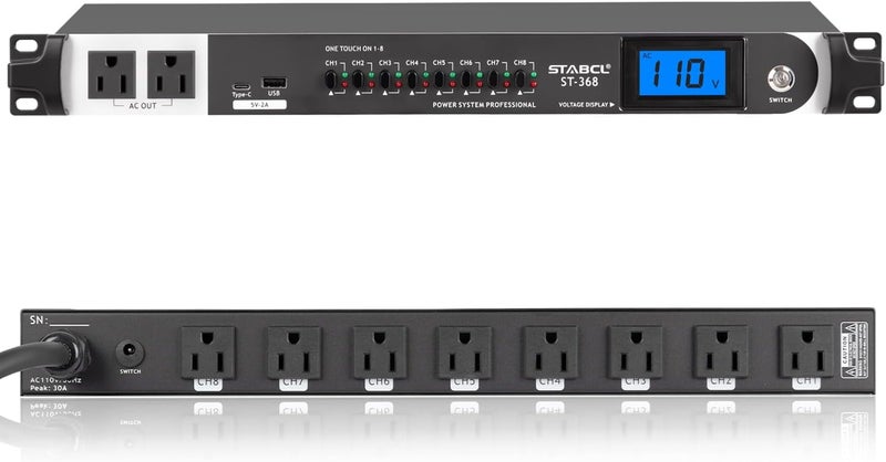 STABCL Professional 10 Socket Power Conditioner/Surge Sequencer with USB and Type-C Charger.3300W Rack Mount Audio Power Supply Controller, Surge Protector, for Audio product, electronic equipment - Image 1